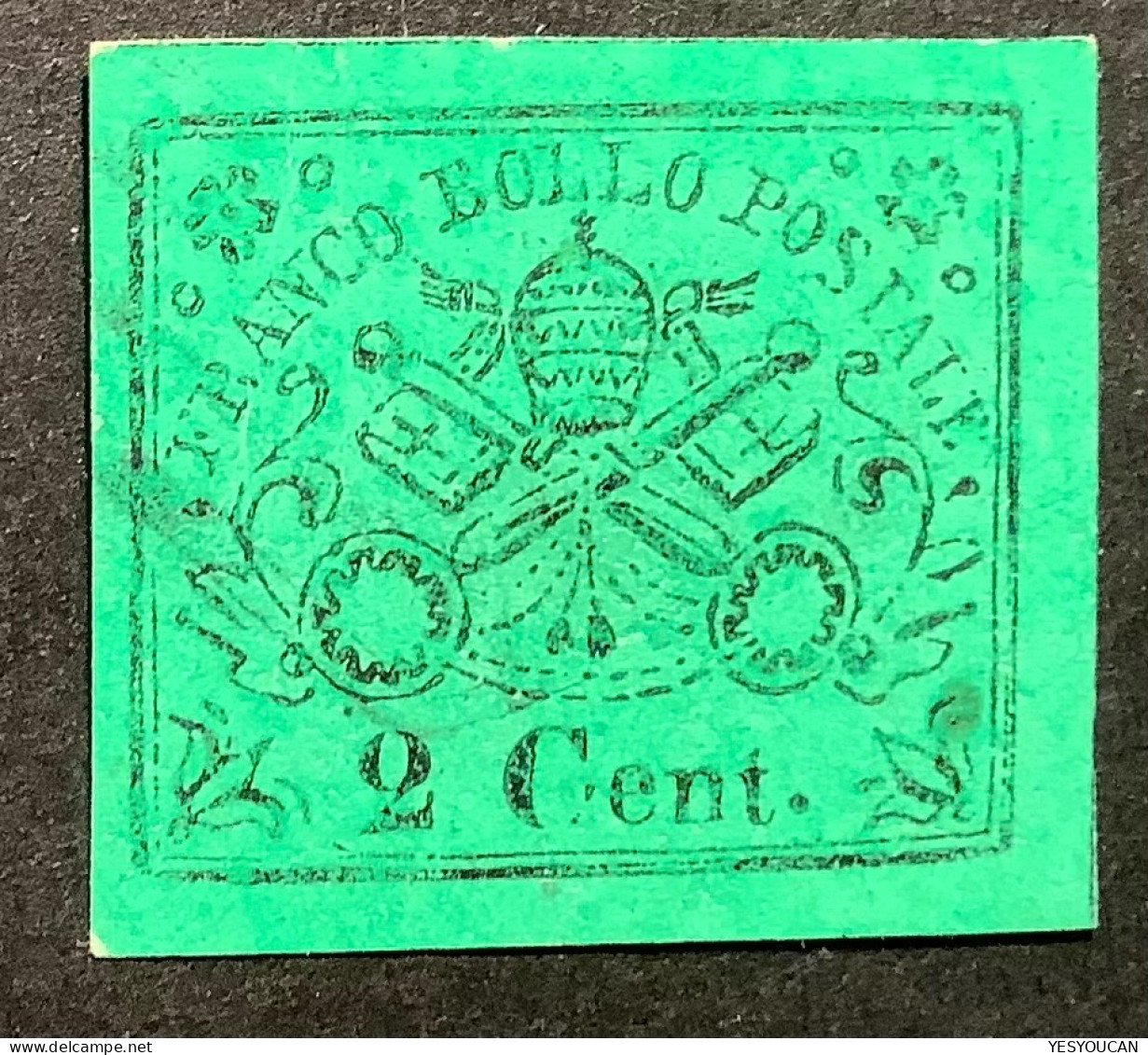 Stato Pontificio 1867 2c Verde Giallo Sa.13 =600€ VF Used (Etats Pontificaux Roman States Vatican Italie Italy Italia - Kirchenstaaten