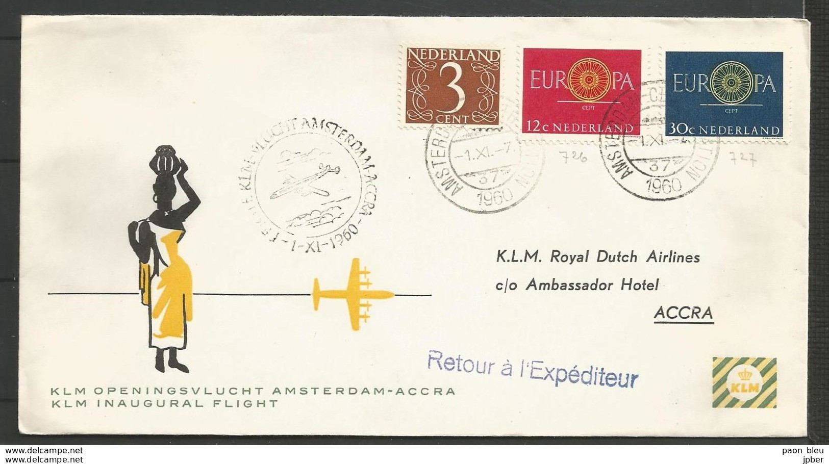 Aérophilatélie - Pays-Bas - Lettre 1960 - KLM Openingsvlucht Amsterdam-Accra - Poste Aérienne