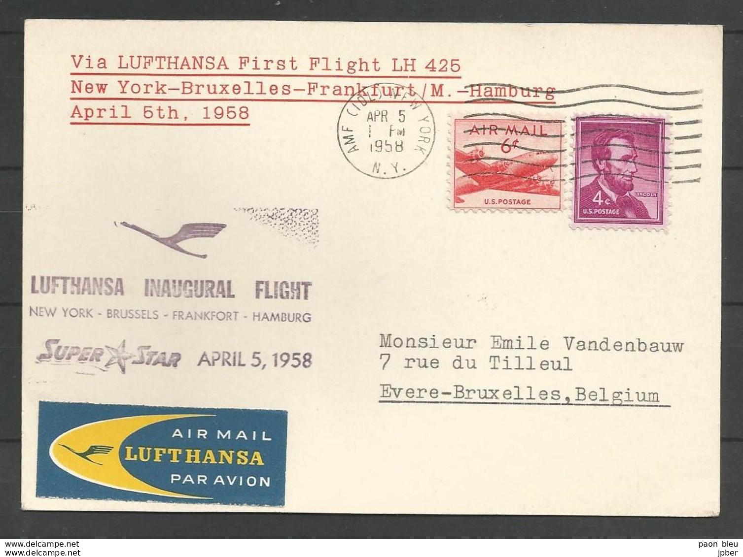 Aérophilatélie - USA - Carte 05/04/1958 - New York-Bruxelles-Frankfort- Hambourg - Lufthansa Inaugural Flight - 1c. 1918-1940 Lettres