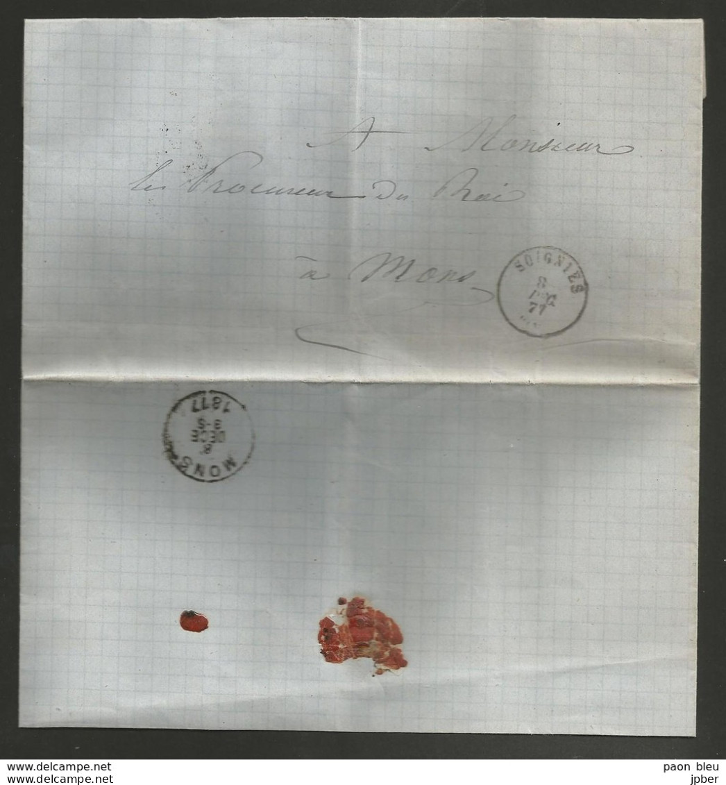 Belgique - Lettre (plainte Au Procureur Du Roi) Non Affranchie De Soignies à Mons Du 08/12/1877 - Portofreiheit