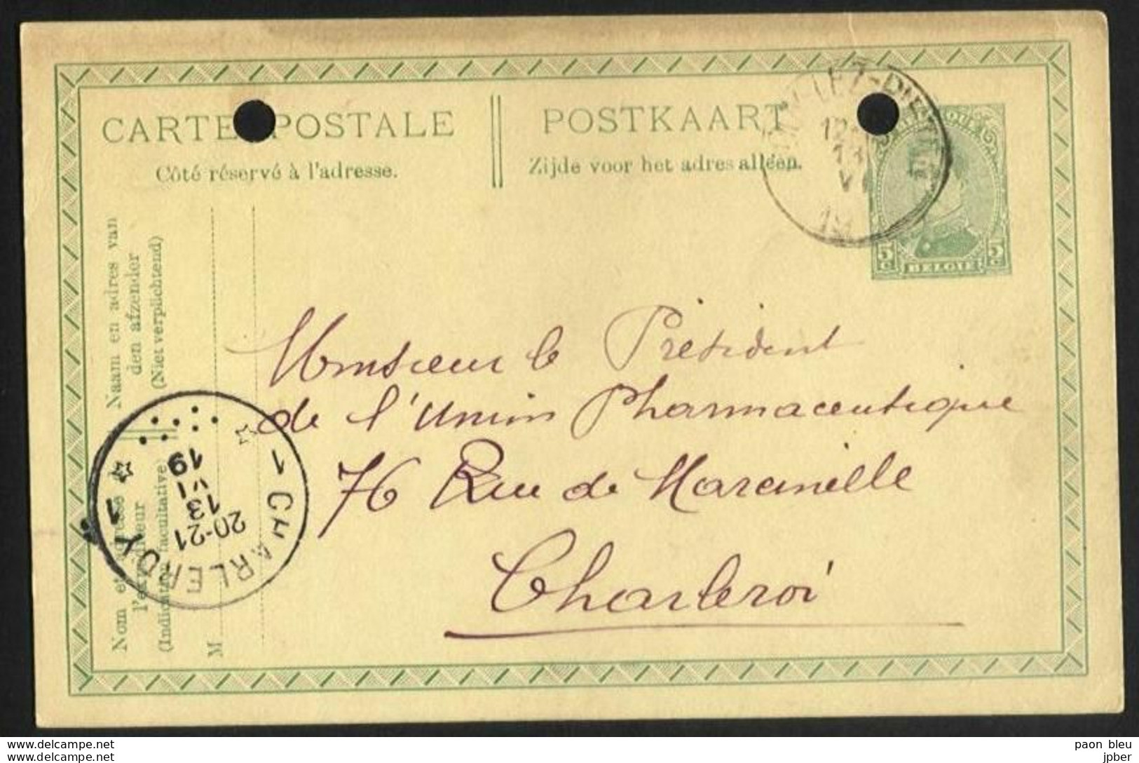 Belgique - Obl.fortune 1919 - Obl. GOUY-LEZ-PIETON Année Grattée + Agence CHARLEROI *1 - Other & Unclassified