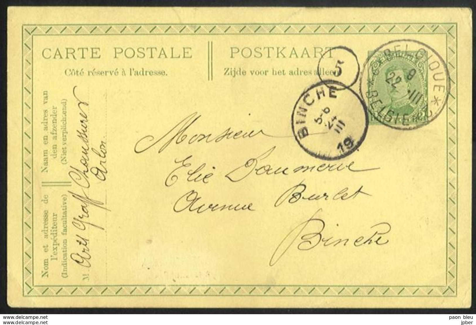 Belgique - Obl.fortune 1919 -  Sur Carte Postale - Cachet BELGIQUE*2 De ARLON Vers BINCHE Année Grattée - Fortune Cancels (1919)