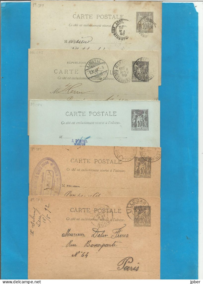 France - Carte Postale Type "Sage" - Lot De 10 Cartes - 89CP2-3-4-5 Dont 1 Neuve Avec Réponse Et Dont Vers L'étranger - Overprinter Postcards (before 1995)