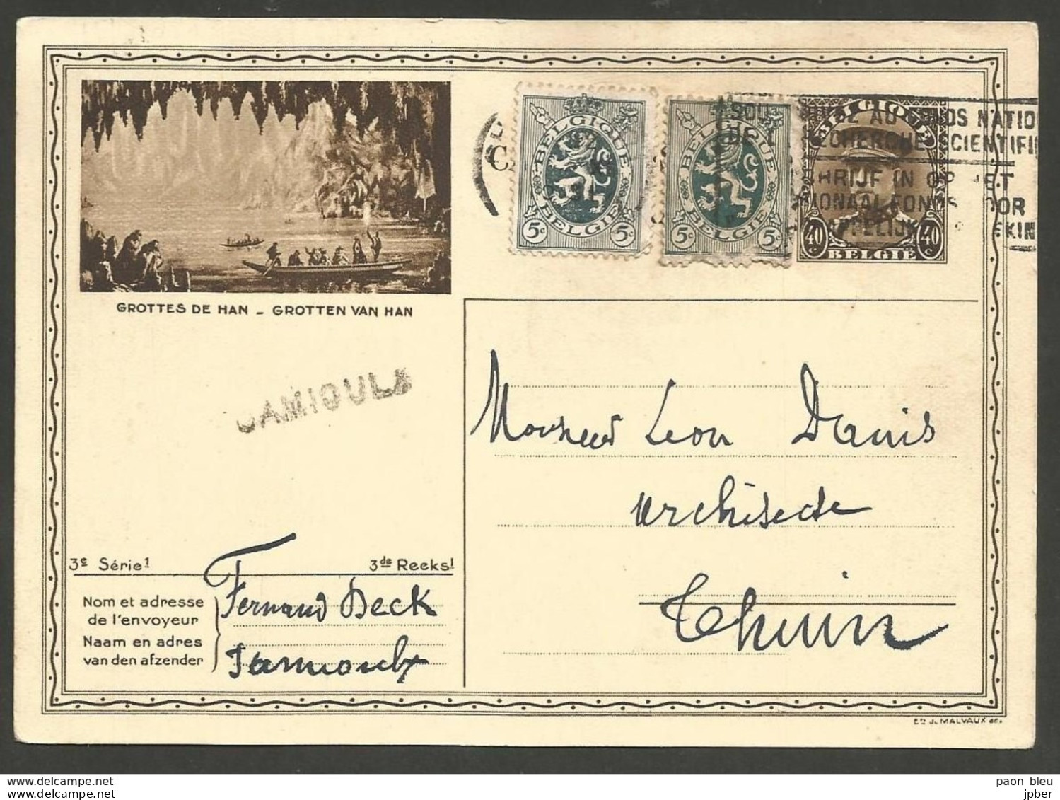 Belgique - Griffe Linéaire JAMIOULX Sur Carte Postale Grottes De Han Vers Thuin - Langstempel