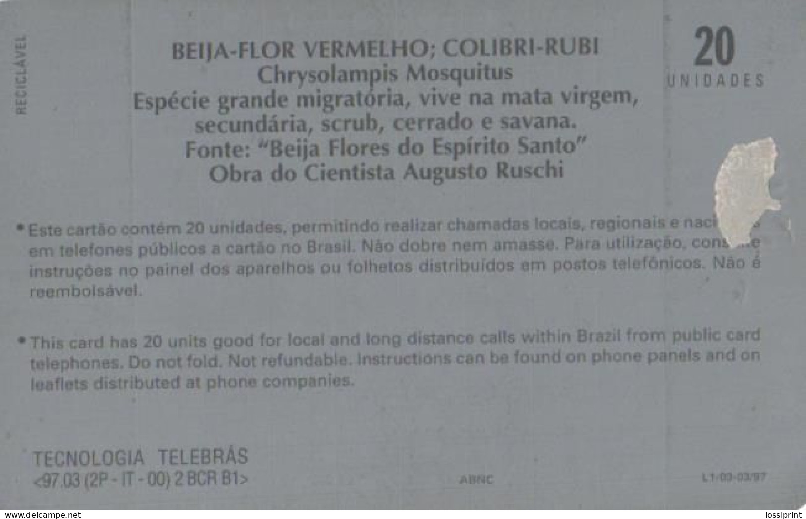 Brazil:Brasil:Used Phonecard, Sistema Telebras, 20 Units, Bird, Chrysolampis Mosquitus, 1997 - Songbirds & Tree Dwellers