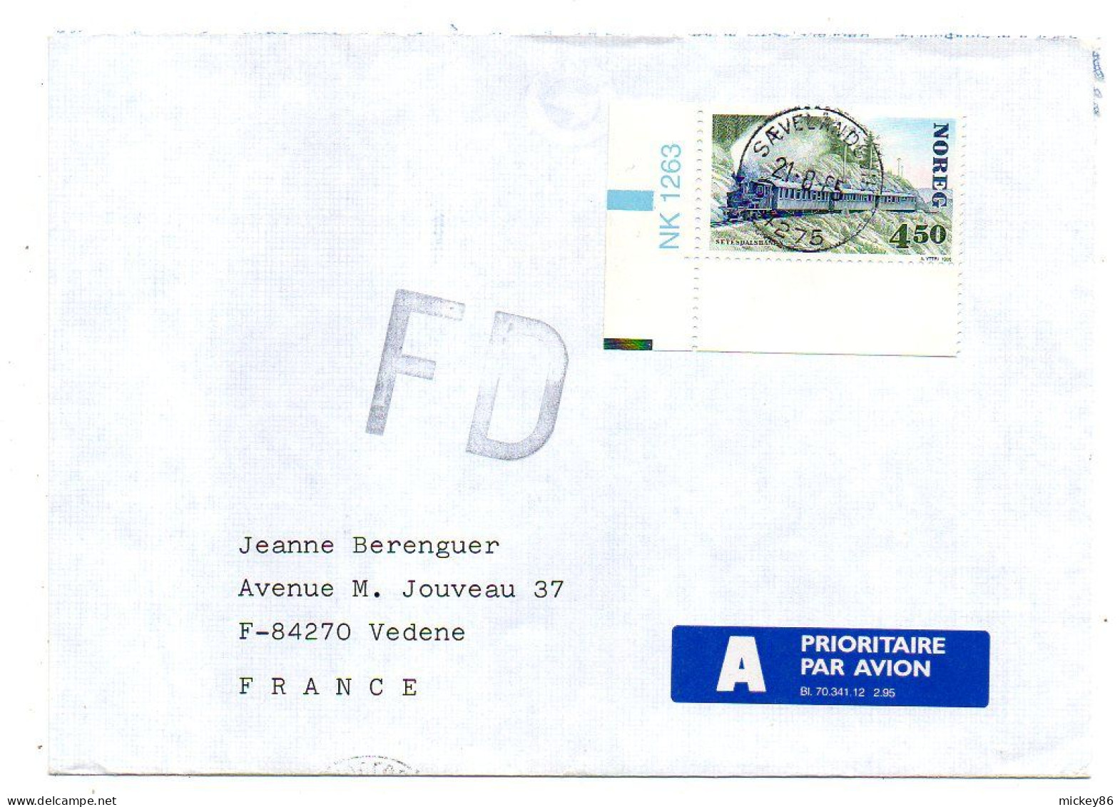 Norvège--1996--SAEVELANDSVIK  Pour VEDENE-84 (France)--timbre Train  Seul Sur Lettre..cachet--griffe FD - Lettres & Documents