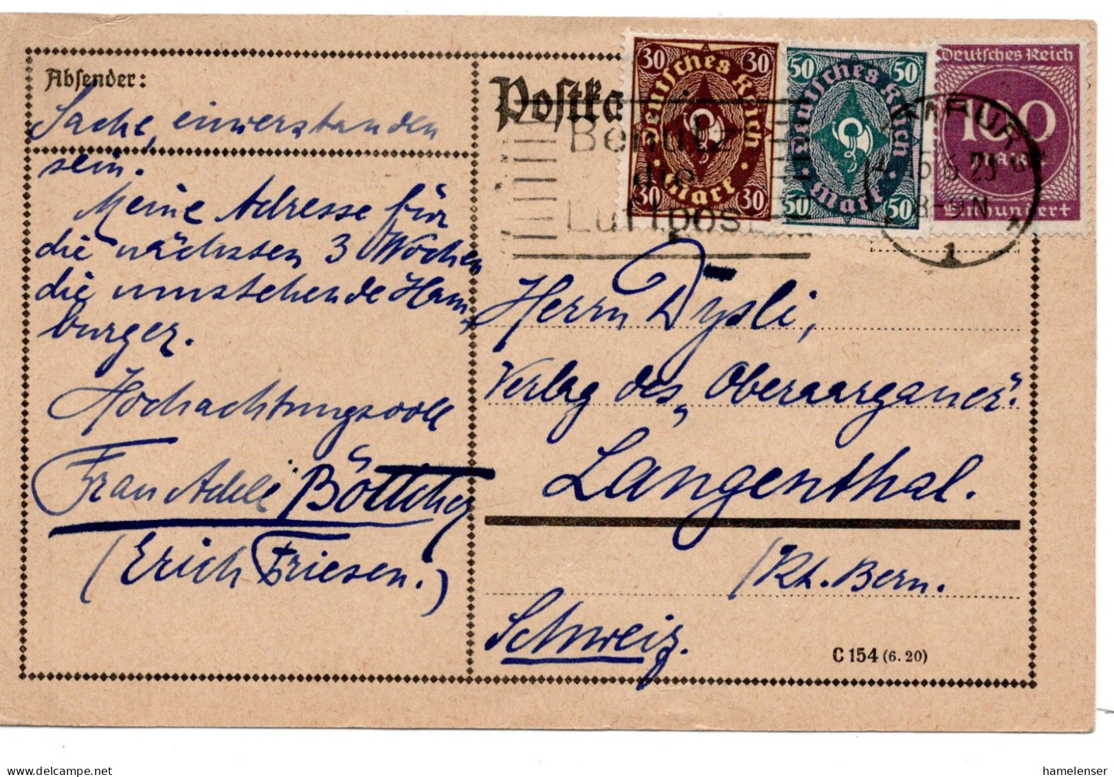 59435 - Deutsches Reich - 1923 - 100M MiF A Kte HAMBURG - BENUTZE DIE LUFTPOST -> Schweiz - Briefe U. Dokumente