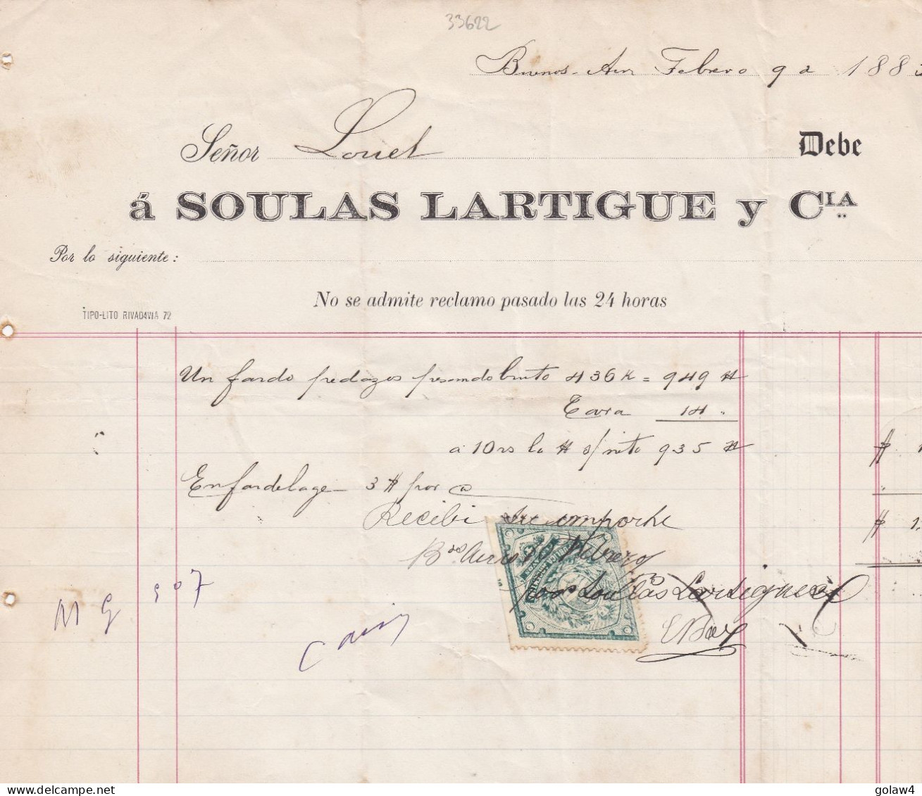 33622# ARGENTINE TIMBRE FISCAL LOSANGE ARGENTINA DOCUMENT BUENOS AIRES 1883 - Briefe U. Dokumente