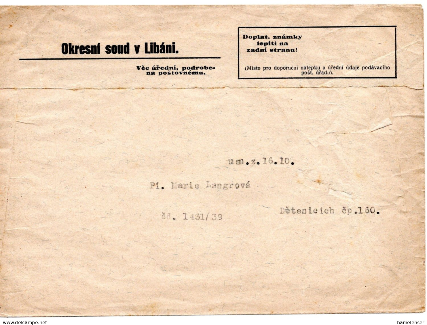 59450 - Deutsches Reich / Böhmen & Mähren  - 1939 - 1,20K Portomke EF A ZUBf LIBAN -> DETENICE - Covers & Documents