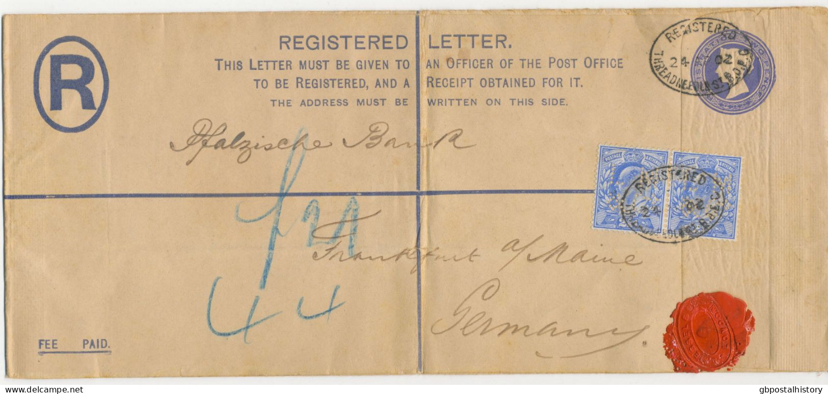 GB 1902, QV 2d Blue Large Postal Stationery Registered Envelope (Huggins & Baker RP23 Size H2) Uprated With EVII 2½d - Covers & Documents