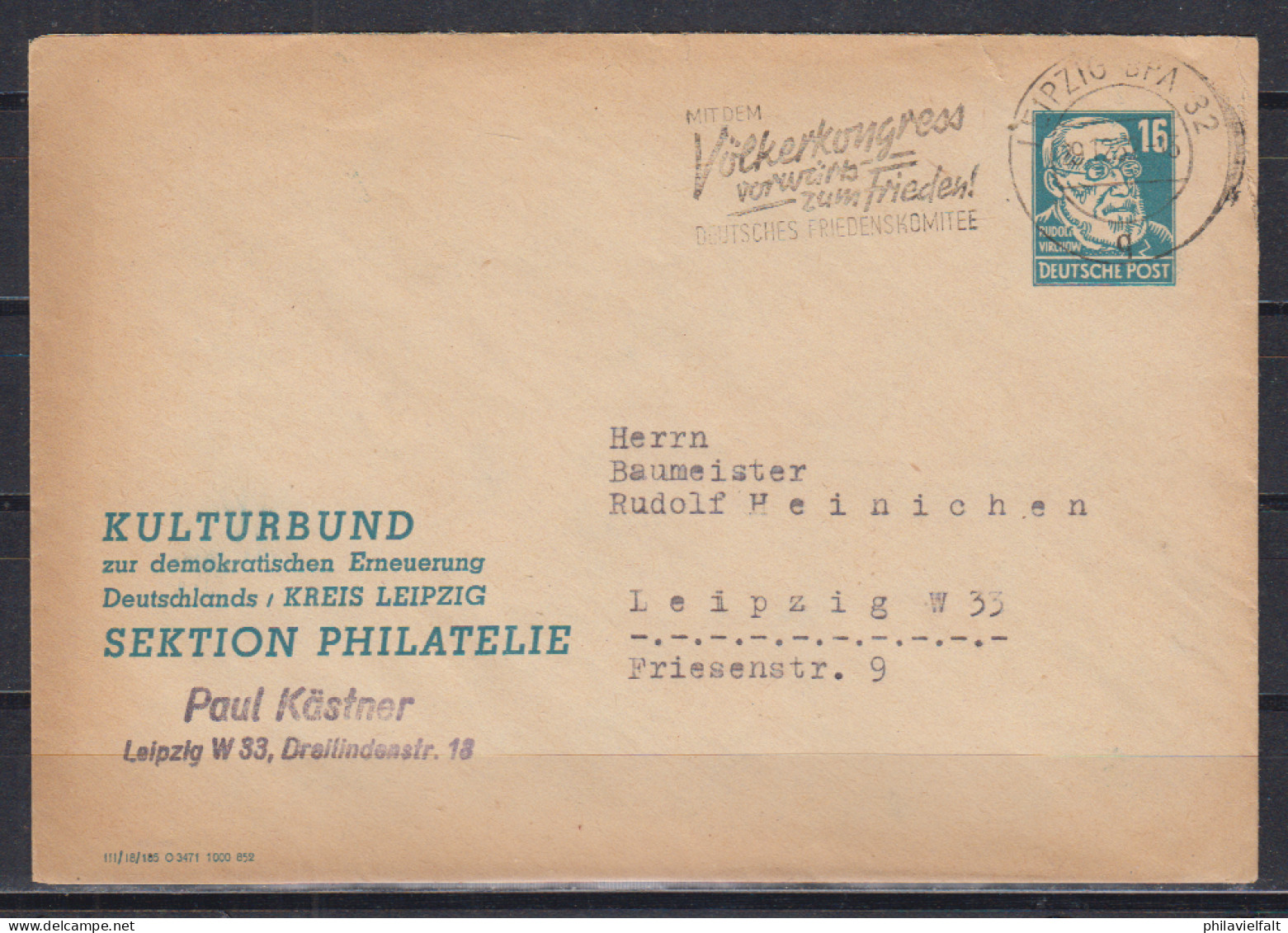 DDR Privatumschlag 16(Pf.) Köpfe MiNo. PU 4/1 " Kulturbund ... " Bedarf Ortsbrief Leipzig 1952 - Enveloppes Privées - Oblitérées