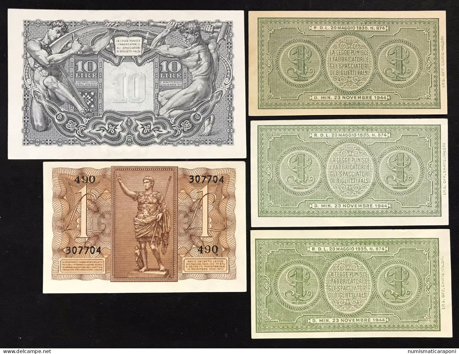 10 Lire Italia Giove 1944 + 3 Pz 1 Lira Serie Completa Italia Laureata + 1 Lira 1939 Impero Lotto 4718 - Italia – 10 Lire