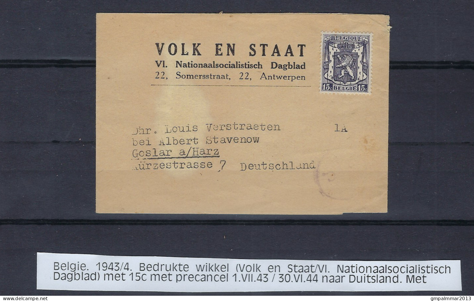 TYPO Nr. 505 Op Wikkel Van VOLK EN STAAT Verzonden Naar DUITSLAND , ZELDZAAM  , Details En Staat Zie 2 Scans ! LOT 313 - Typos 1936-51 (Petit Sceau)