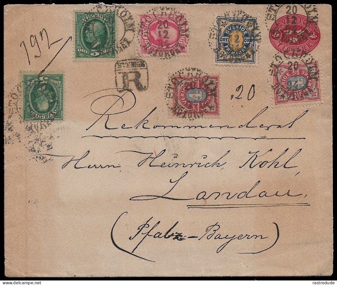 1894 SWEDEN UPRATED 10 ÖRE REGISTERED PS ENV. LANDAU, GERMANY - Briefe U. Dokumente