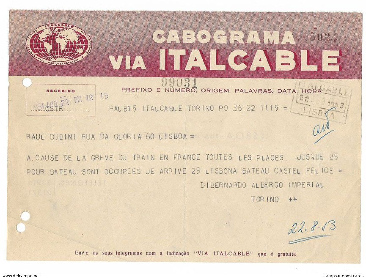 Portugal Télégramme Câble Cabograma Italcable Italie Italia 1953 Grève Trains France Telegram Cable Italy Train Strike - Brieven En Documenten