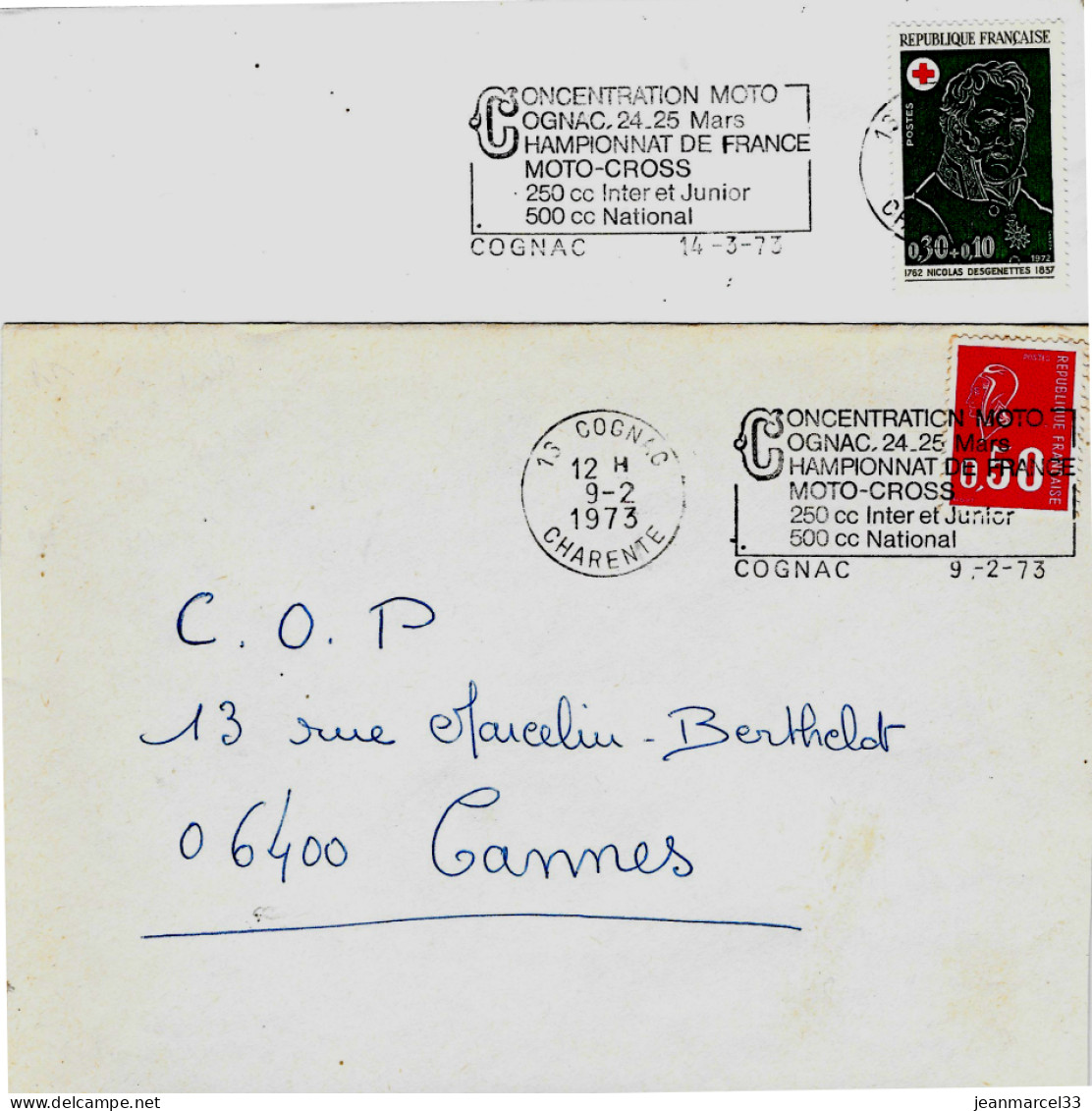 Curiosité Sur Lettre Flamme SECAP Du Type II Montée à Droite Et à Gauche Du Timbre à Date 16 Cognac En 1973 - Covers & Documents