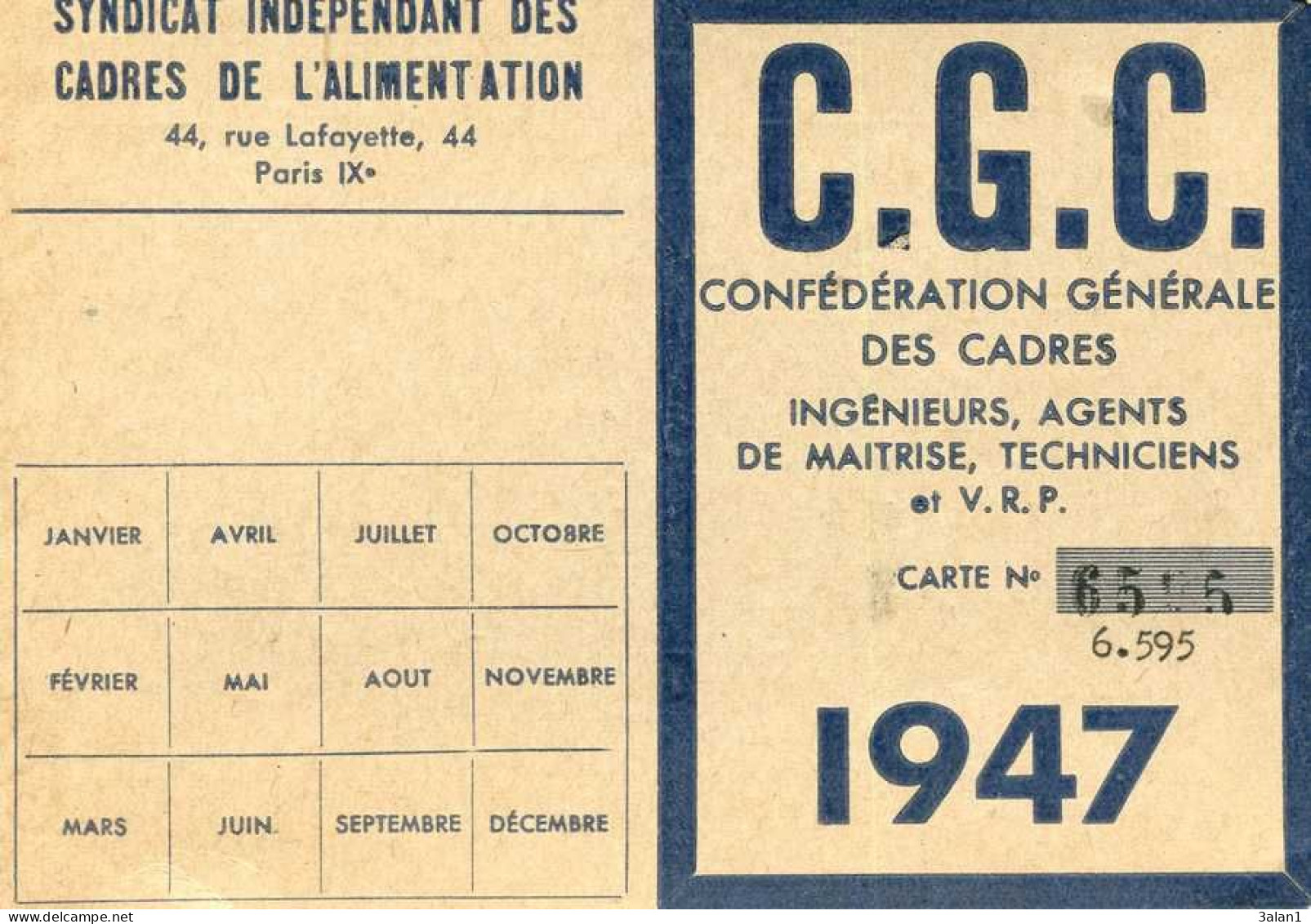 Carte C G C 1947   =  F N S I C    .5117 - Labor Unions