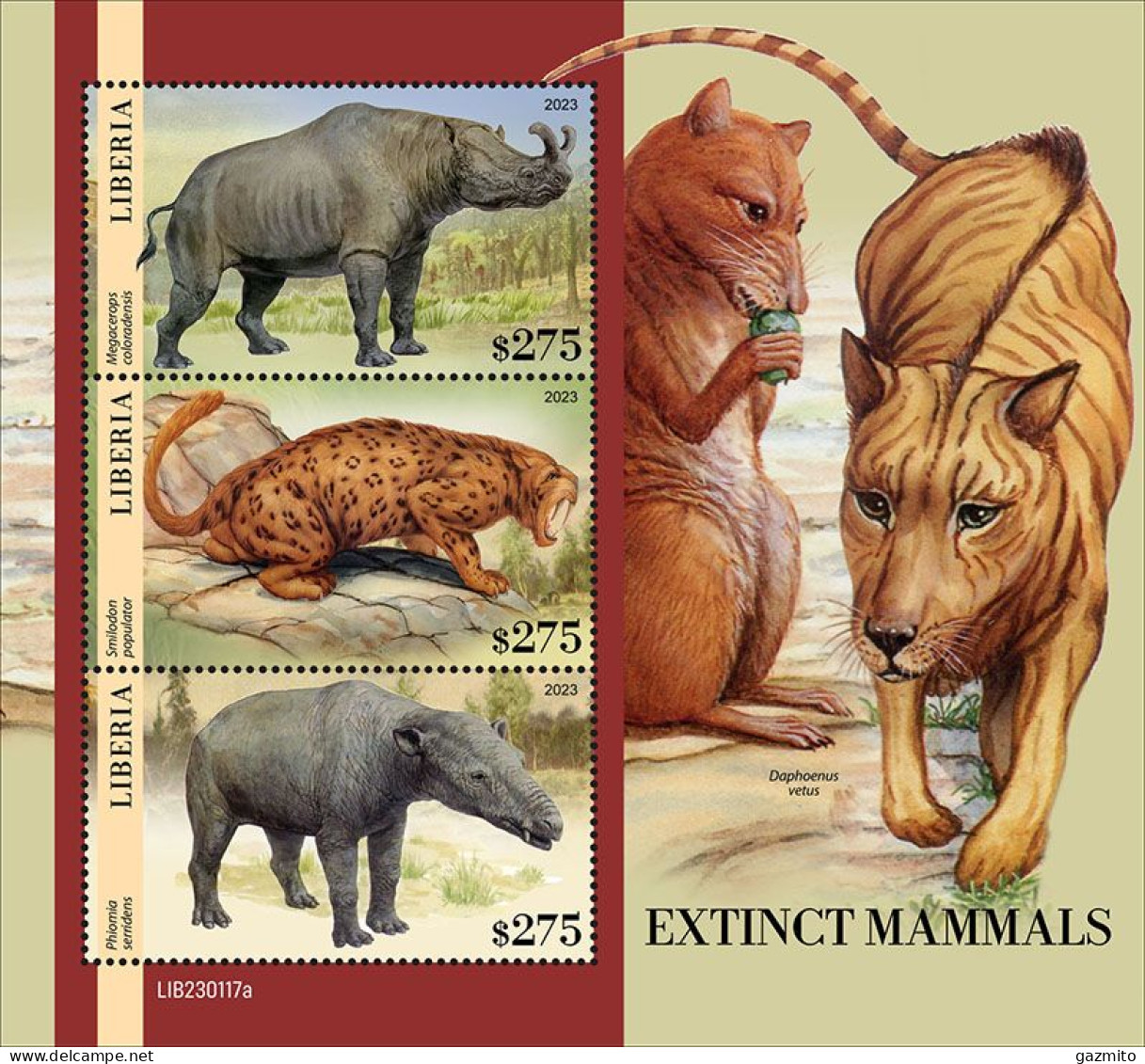 Liberia 2022, Animals Extinct, Rhino, Wild Cats, 3val In BF - Rhinoceros