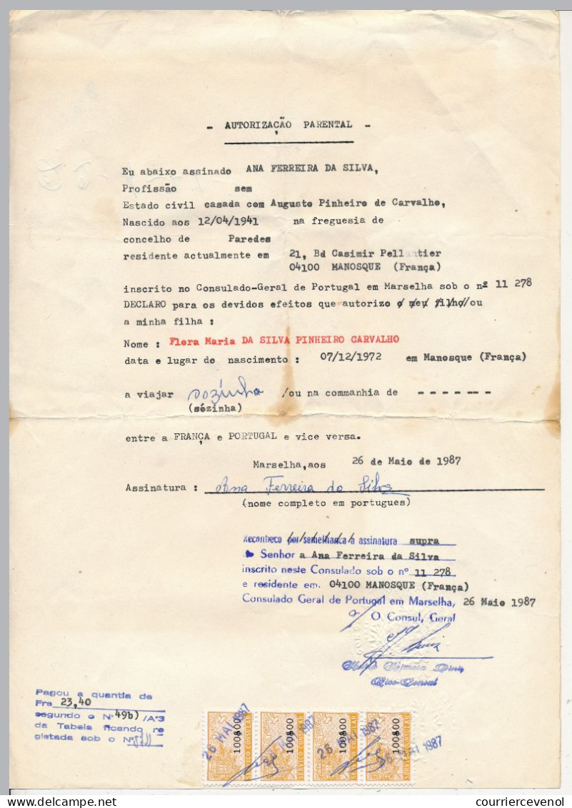 PORTUGAL / France - 2 Doc "Autorisation Parentale" - Fiscaux - Empreinte à Sec Consulat De Marseille - 1987 - Autres & Non Classés