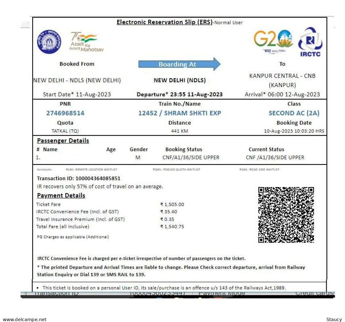 India Railway / Train Ticket With LOGO's Of INDIAN RAILWAYS, IRCTC, G-20 Summit, Azadi Ka Amrit Mahotsav As Per Scan - Monde