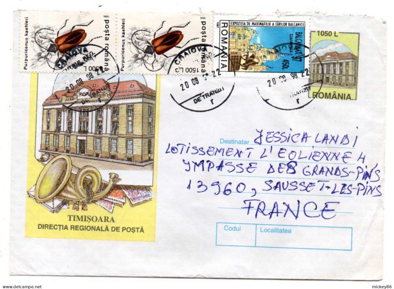 Roumanie-1998-lettre Illustrée TIMISOARA   De CRAIOVA Pour SAUSSET LES PINS-13(France) Timbres (insectes)....cachet - Covers & Documents