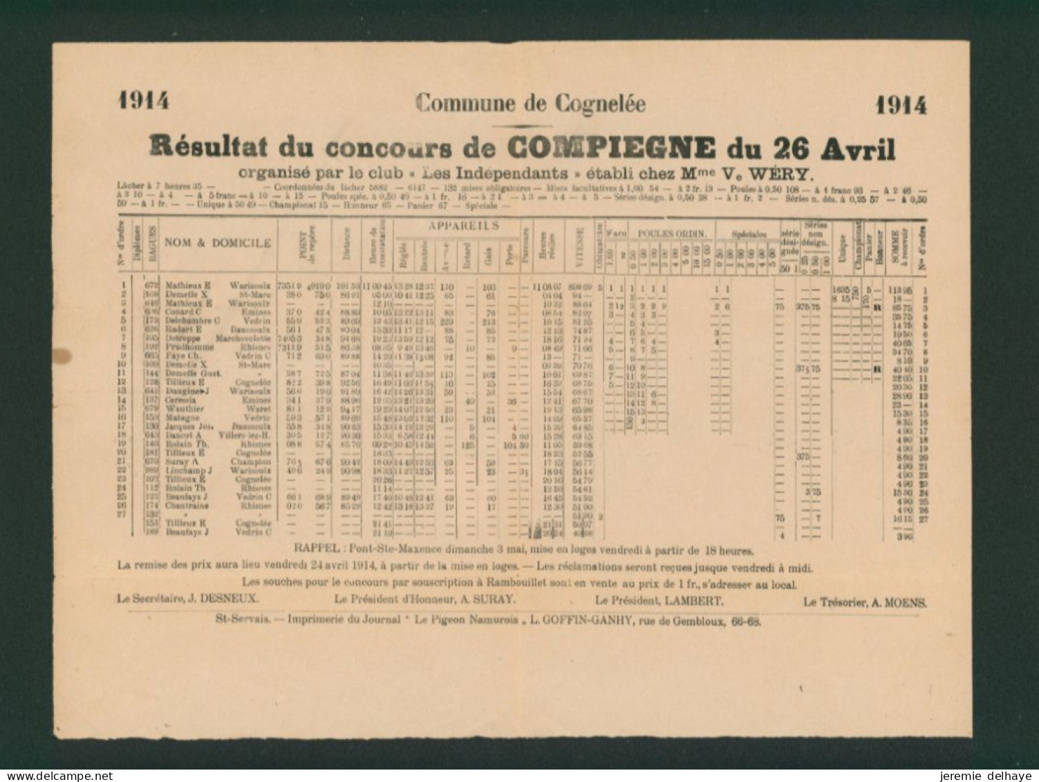 Pellens - N°108 Sur Imprimé (dépliant, Concours De Compiègne, Cognelée ) Expédoé De Namur > Warisoulx - 1912 Pellens