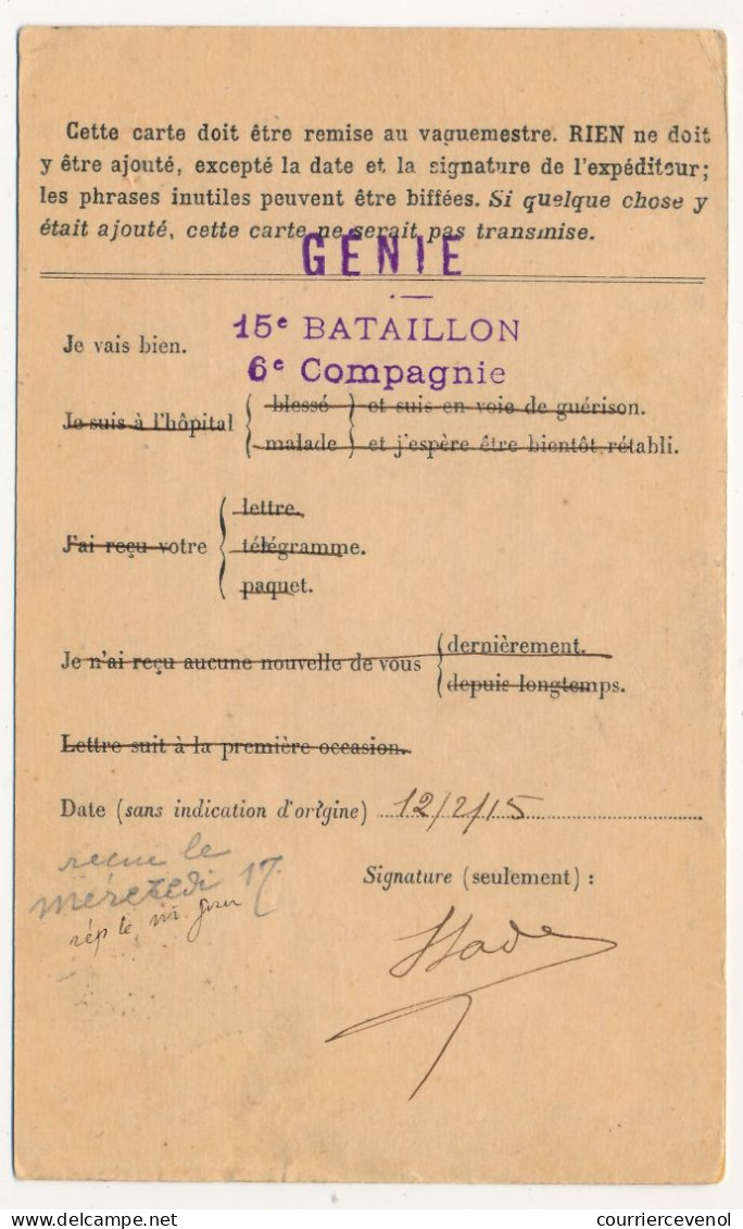 Carte FM Officielle Priorité - Cachet Génie / 15eme Bataillon / 6eme Compagnie - Secteur 133 - 1915 - Briefe U. Dokumente