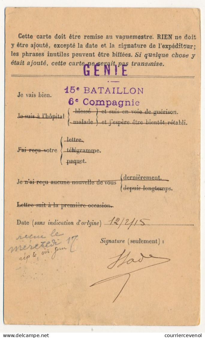 Carte FM Officielle Priorité - Cachet Génie / 15eme Bataillon / 6eme Compagnie - Secteur 133 - 1915 - Cartas & Documentos