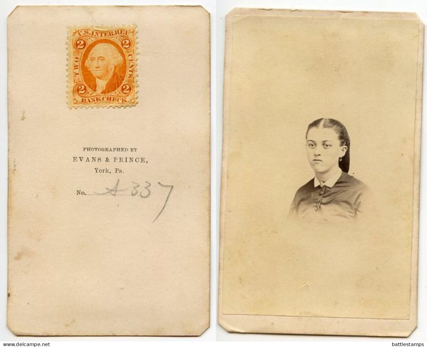 United States 1860‘s Photograph, Woman, Evans & Prince, York Pennsylvania, Scott R6c Revenue Stamp - Fiscaux