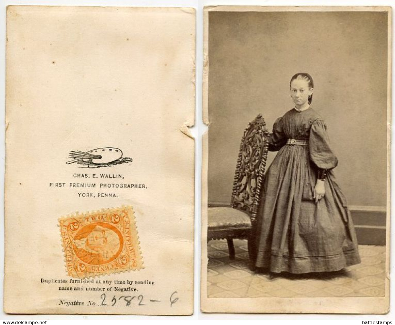 United States 1860‘s Photograph, Woman, Chas. E. Wallin, York Pennsylvania, Scott R15c Revenue Stamp - Fiscali