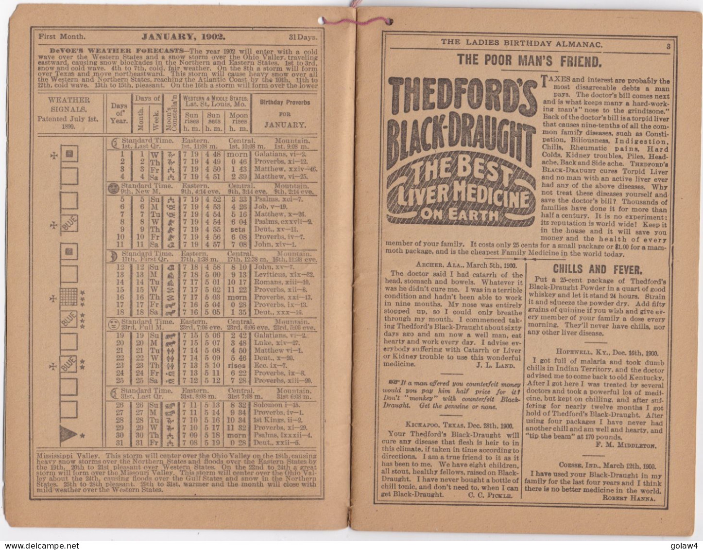 33652# USA LADIES BIRTHDAY ALMANAC 1902 THEDFORD'S BLACK DRAUGHT WINE CARDUI DRUGS MEDICINES CHEMICALS ALMANACH - Para Mujeres