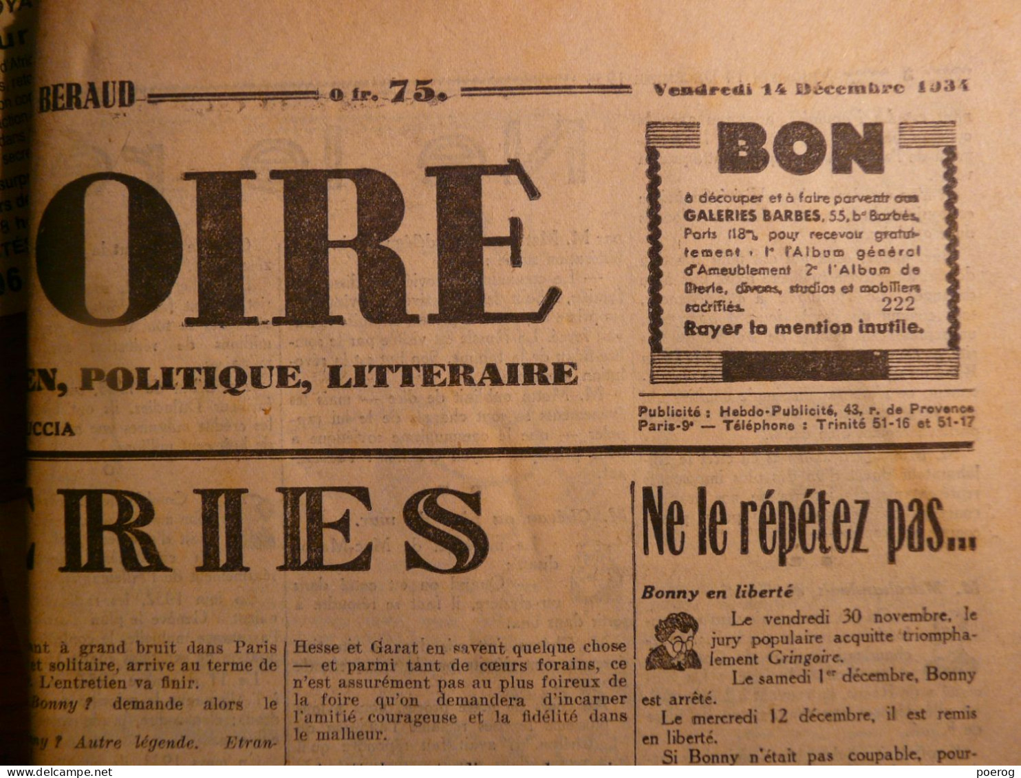 GRINGOIRE 14 DECEMBRE 1934 - PAUL IRIBE EMPOISONNEURS DE MARSEILLE ALEXIS LEGER ANN TROMOR CARLIEU JOUVE DEKOBRA JAPON - Testi Generali