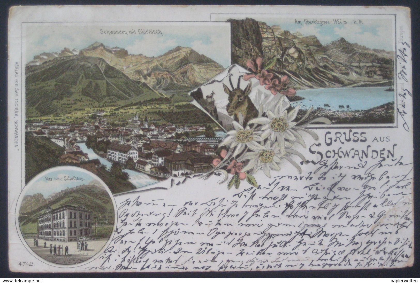 Glarus Süd (GL) Schwanden - Mehrbild-Lithographie "Gruss Aus Schwanden" 1897 - Schwanden