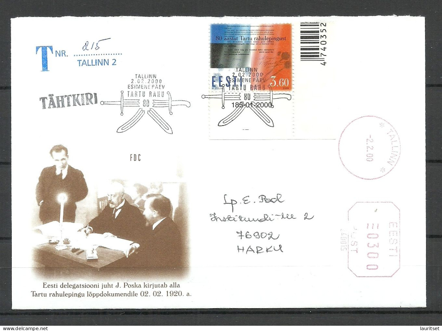 Estland Estonia 2000 FDC Ersttagsbrief R-Brief Michel 364 Friedensvertrag Von Tartu R-Brief + Frankostempel Franco - UPU (Union Postale Universelle)