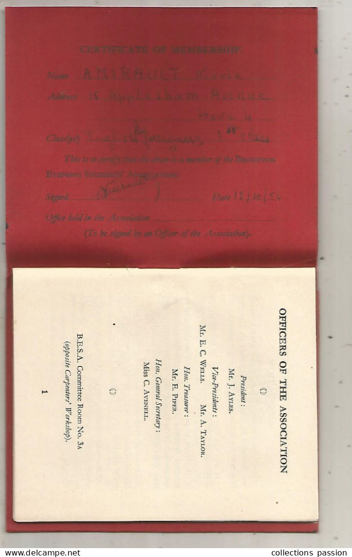 CERTIFICATE OF MEMBERSHIP, 1954, The BRIGHTON Evening Student's Association, 40 Pages, Frais Fr 3.35 E - Cartes De Membre