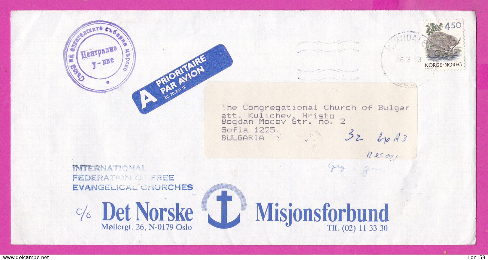 274774 / Norway Cover Par Avion Mjøndalen 1993 - 4,50 Kr Castor Fiber , IFFEC Int. Fereration Free Evangelical Churches - Lettres & Documents