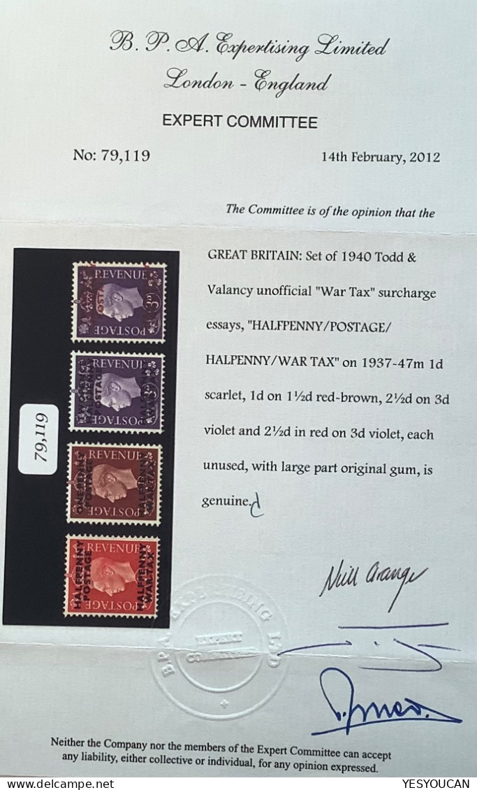 1940 Rare Overprint Essay For WAR TAX STAMPS On GB 1937 KGVI With BPA Cert (Great Britain King George VI WW2 War 1939-45 - Unused Stamps
