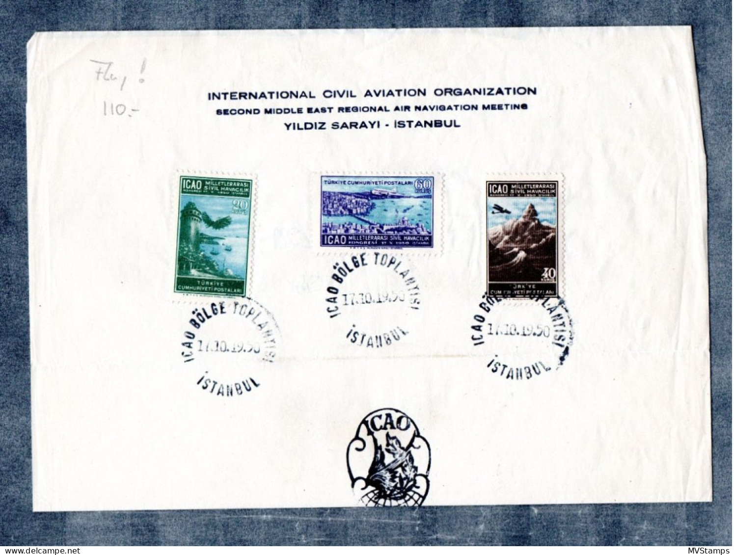 Turkey 1950 Set Airmail/ICAO Stamps  (Michel 1261/63) Nice Used FDC On Folder - Poste Aérienne