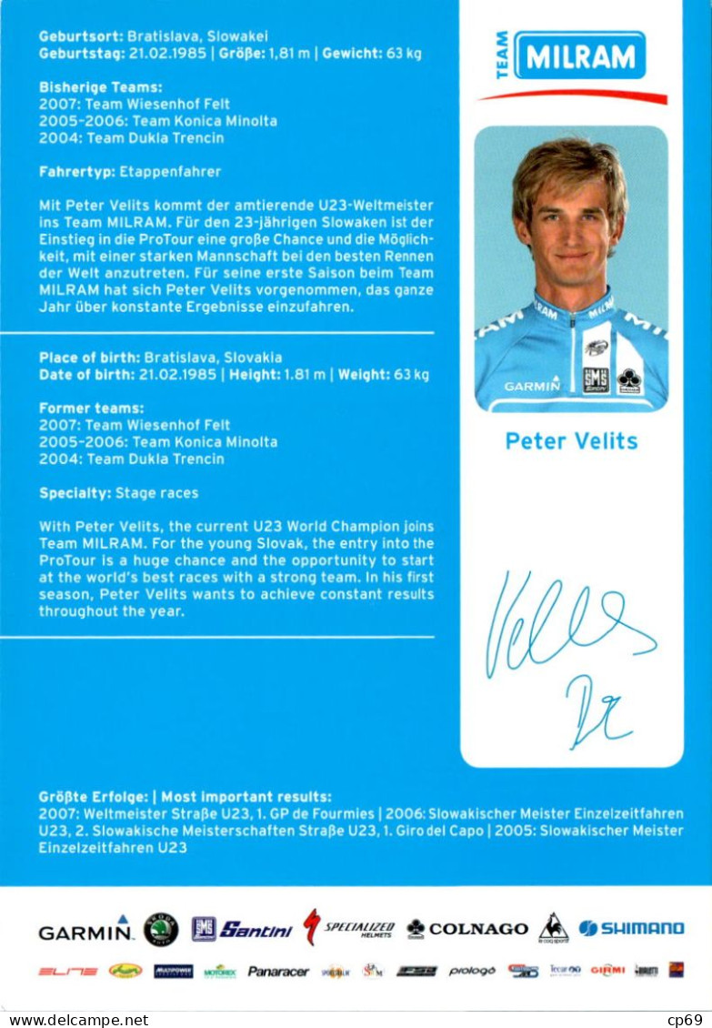 Carte Cyclisme Cycling Ciclismo サイクリング Format Cpm Equipe Cyclisme Pro Team Milram Peter Velits Slovaquie Superbe.Etat - Cyclisme