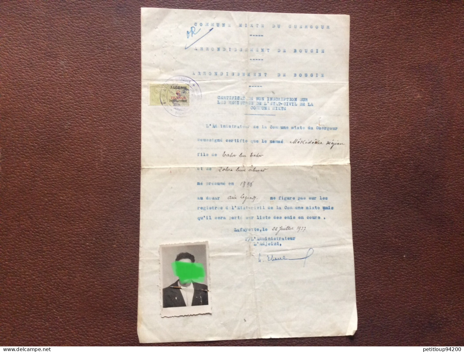 TIMBRE FISCAL Taxe SUR DOCUMENT  Certificat  Etat Civil  COMMUNE DU GUERGOUR  Arrondissement BOUGIE  Algerie  ANNEE 1937 - Segnatasse