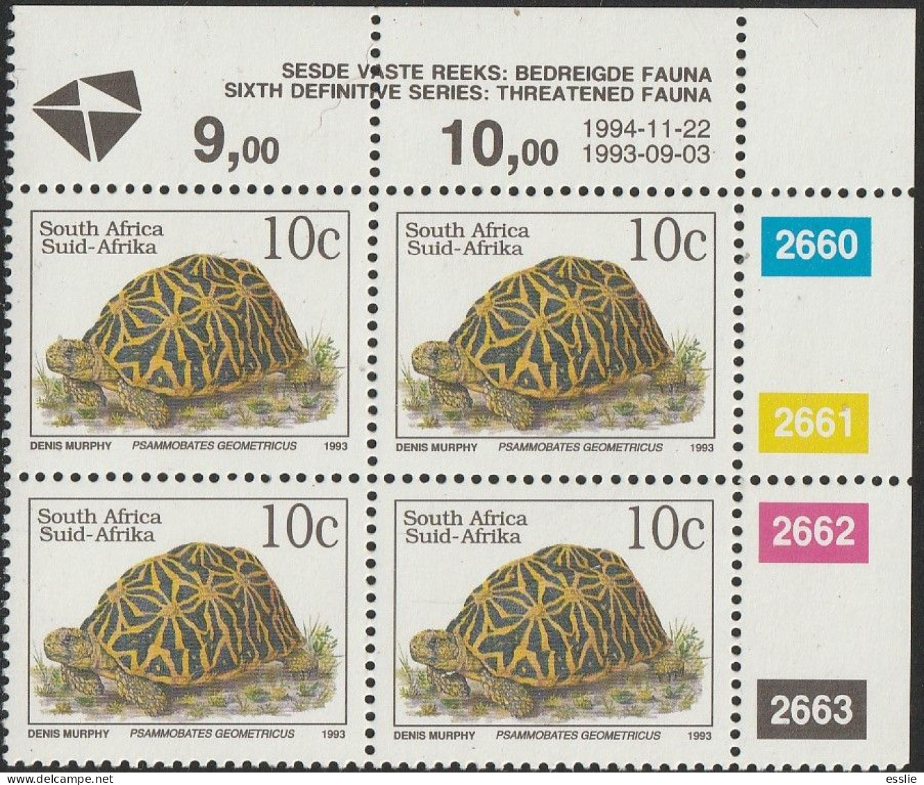 South Africa RSA - 1993 (1994) - Sixth 6th Definitive Endangered Fauna - 10c Geometric Tortoise - Ongebruikt