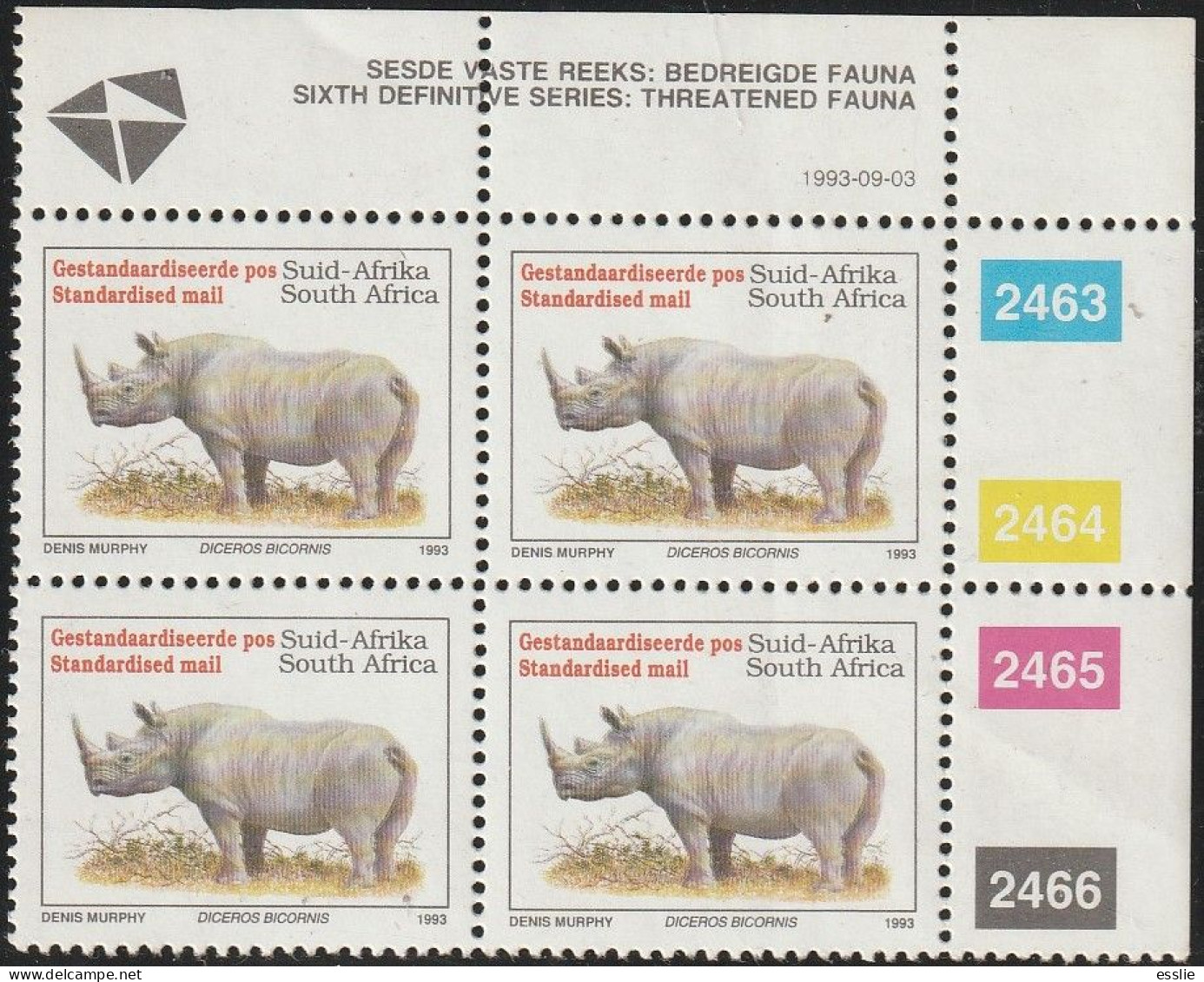 South Africa RSA - 1993 - Sixth 6th Definitive Endangered Fauna - (45c) Black Rhinoceros - Ongebruikt