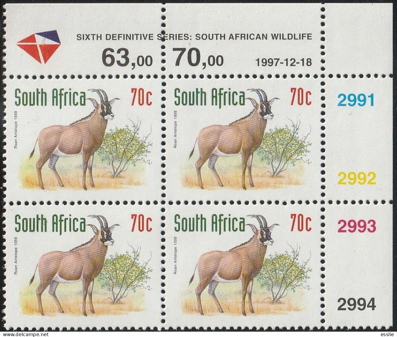 South Africa RSA - 1998 (1997) - Sixth 6th Definitive Redrawn Endangered Fauna - 70c Roan Antelope - Ongebruikt