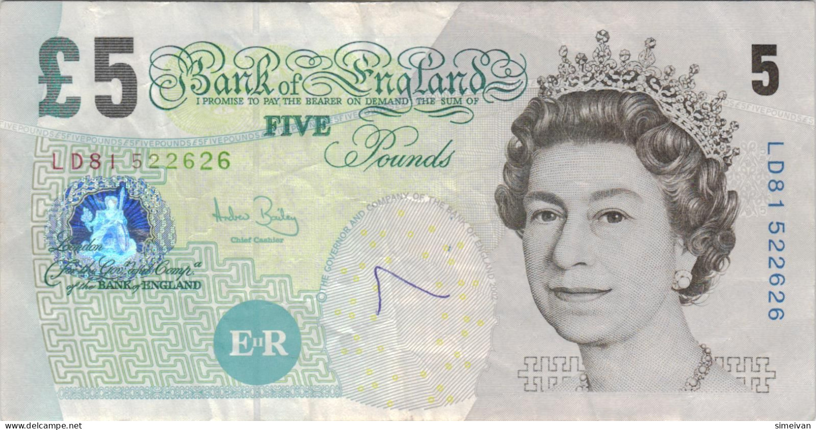 Great Britain 5 Pounds 2002 (2004) P 391c Sign A. Bailey  Queen Elizabeth Ll #4835 - 5 Pounds