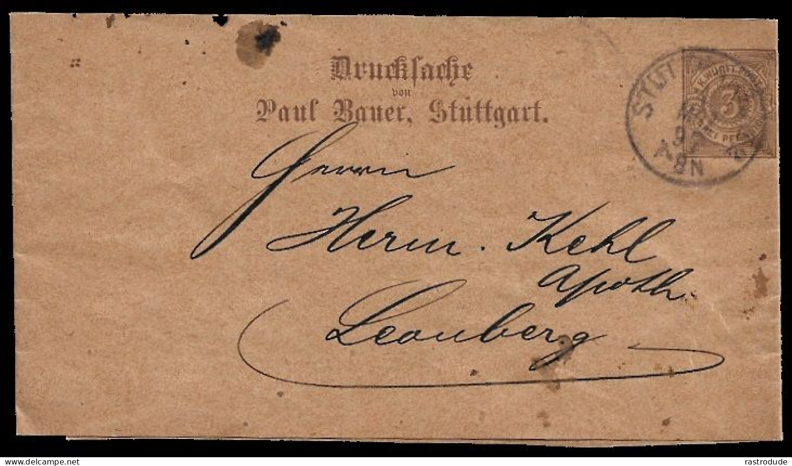 1897 WÜRTTEMBERG PRIVATDRUCK STREIFBAND  3Pfg Mi.-Nr. S 7 DRUCKSACHE VON PETER BAUER, STUTTGART - SELTEN - Interi Postali