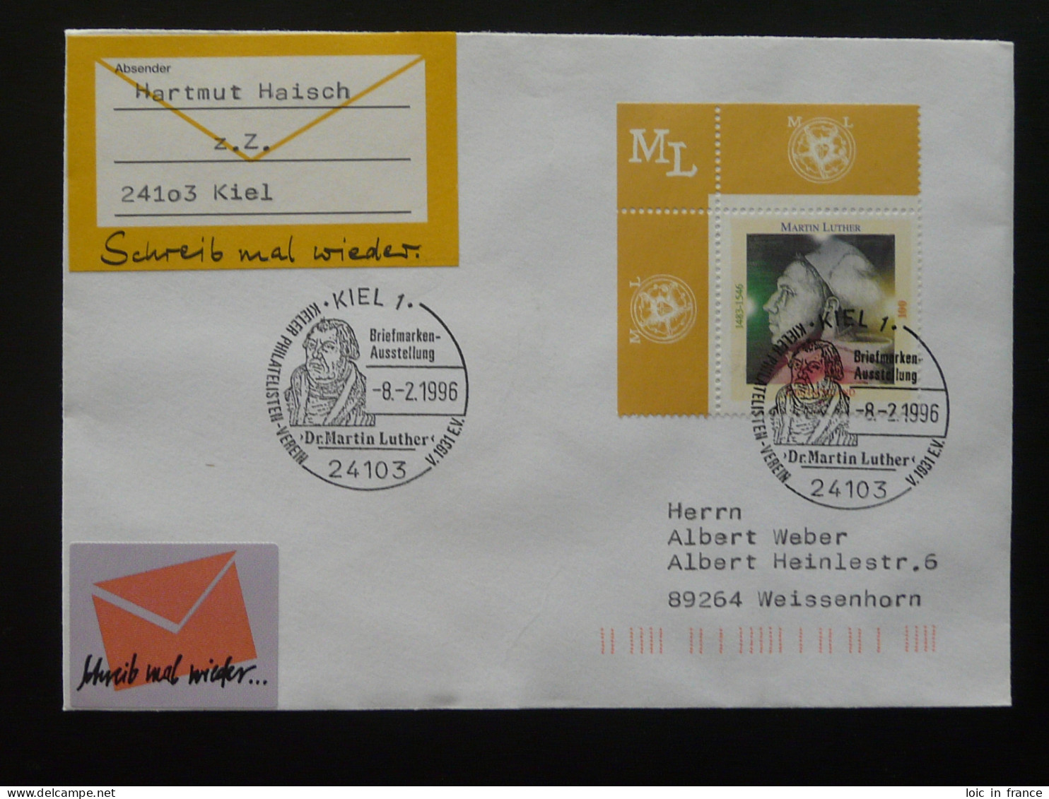 Martin Luther Oblitération Sur Lettre Postmark On Cover Kiel Allemagne Germany 1996 - Theologen