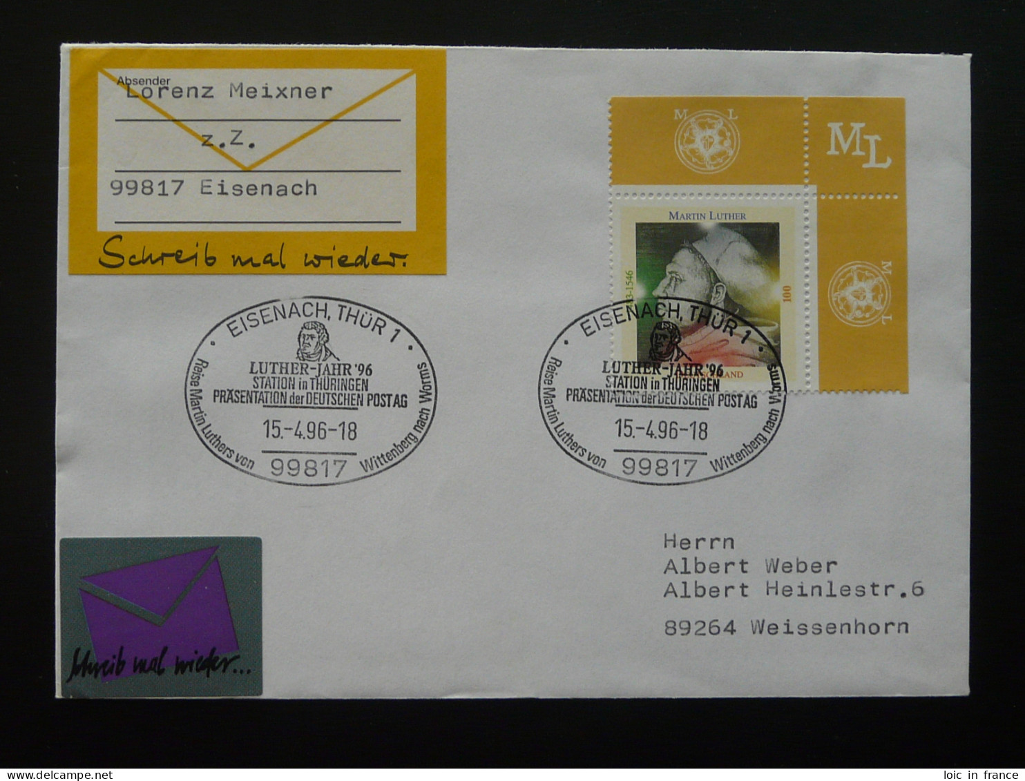 Martin Luther Oblitération Sur Lettre Postmark On Cover Eisenach Allemagne Germany 1996 - Theologen