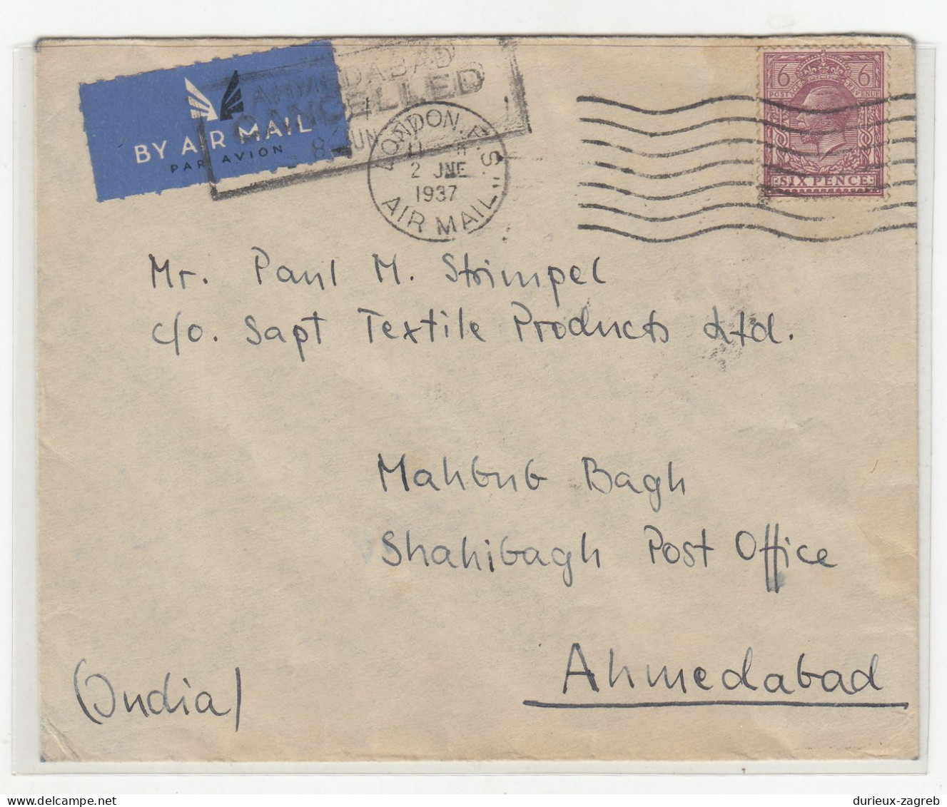 Great Britain Letter Cover Posted 1937 To Shahibag B220820 - Covers & Documents