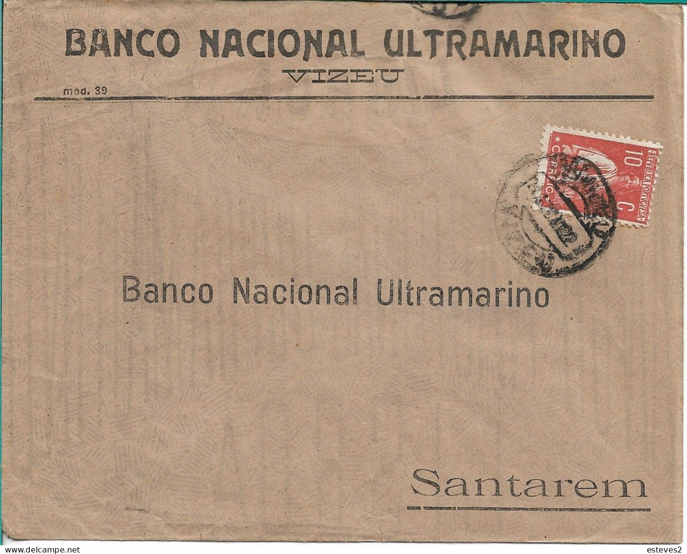 BANCO NACIONAL ULTRAMARINO , 1922 , Commercial Cover From  Vizeu  To Santarém , Viseu , Ceres Stamp - Portugal