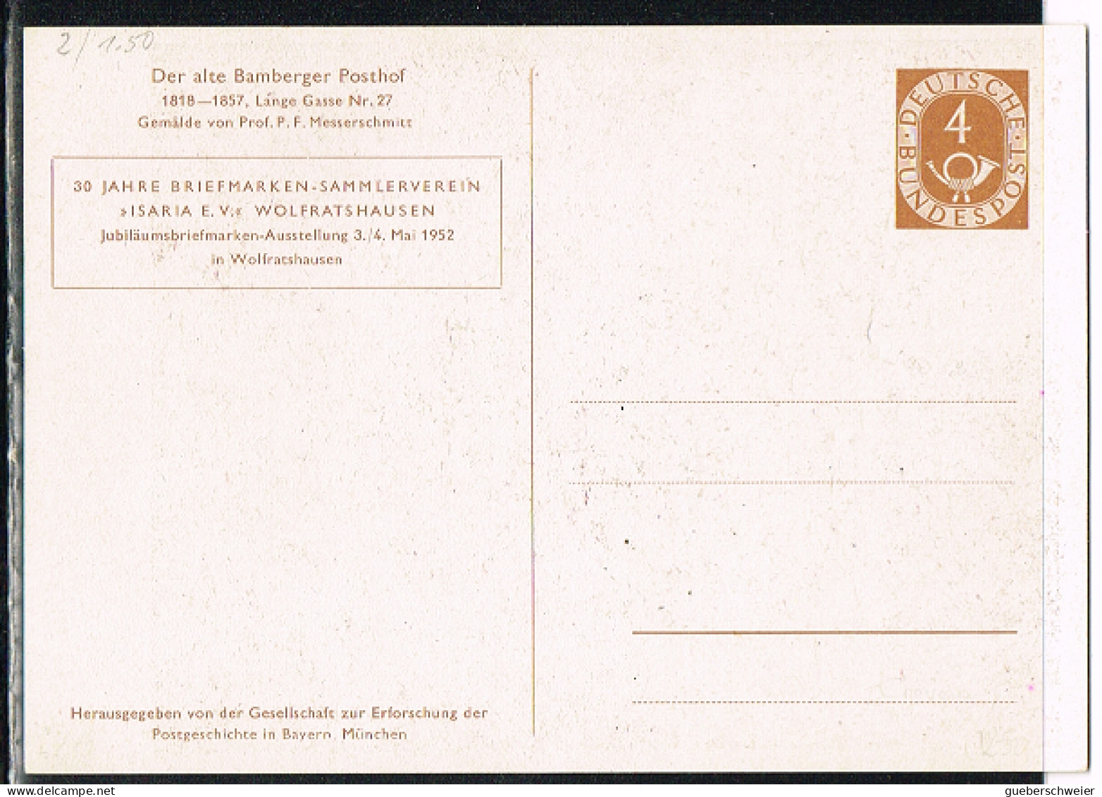 POST 18 - ALLEMAGNE Entier Postal Illustré Bamberger Posthof 1952 - Cartoline Private - Usati